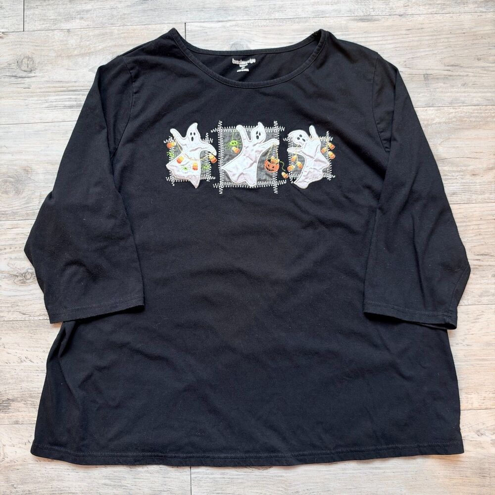 Vintage Halloween Ghost Shirt Black 2XL 3/4 Sleeve Candy Corn Spooky Top